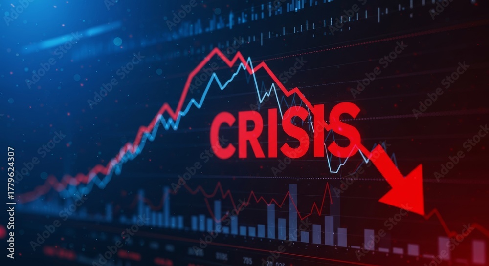 Obraz premium Financial crisis and market meltdown: digital stock chart illustrates economic downturn with red 'crisis' text and downward arrow