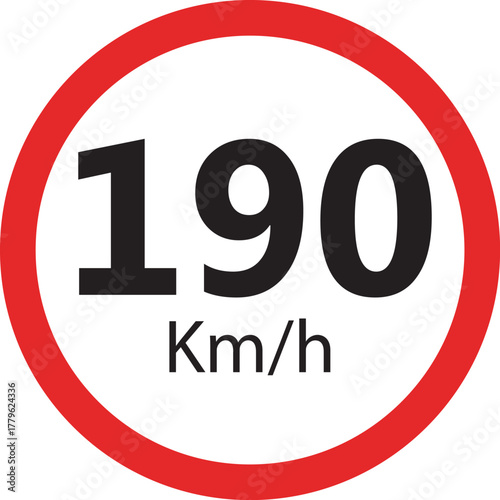 Speed limit sign 190 km h icon — traffic road warning symbol — round red circle isolated on white background vector illustration