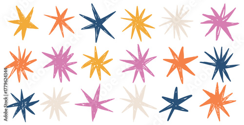 Doodle stars grunge vector glitter spark freehand hand drawn scrapbook bursting elements. Sketch scribble monochrome simple line stroke brush set