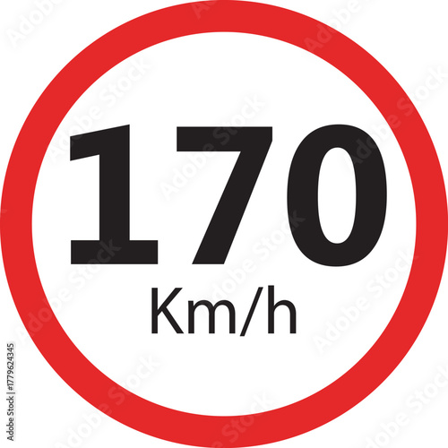 Speed limit sign 170 km h icon — traffic road warning symbol — round red circle isolated on white background vector illustration