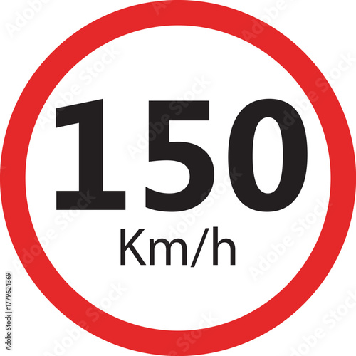 Speed limit sign 150 km h icon — traffic road warning symbol — round red circle isolated on white background vector illustration
