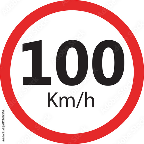 Speed limit sign 100 km h icon — traffic road warning symbol — round red circle isolated on white background vector illustration