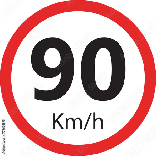 Speed limit sign 90 km h icon — traffic road warning symbol — round red circle isolated on white background vector illustration