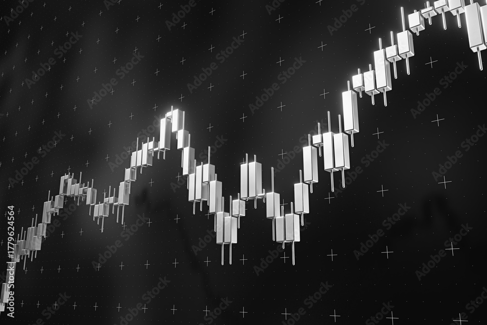 Naklejka premium Rising 3D metallic candlestick chart representing stock or crypto market trends on a dark background.