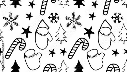 "Seamless repeating Christmas pattern, vector style, includes snowflakes, candy canes, mittens, holly leaves, pine trees and stars, cozy winter aesthetic, pastel red, green and cream color palette, cl