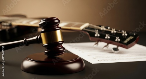 Music copyright law represented by gavel and guitar
