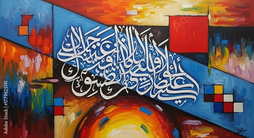 Abstract islamic calligraphy art with vibrant colors and geometric shapes, blending tradition and modernity in a captivating visual composition