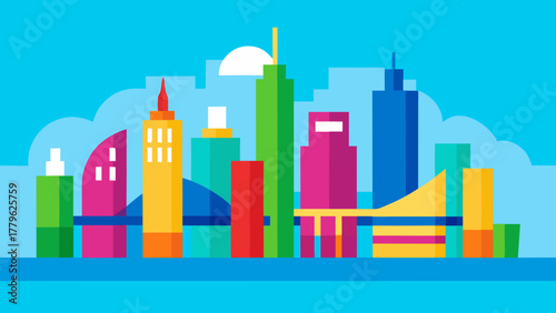 Vector illustration of a vibrant urban cityscape with a prominent skyscraper, residential buildings, and a rainbow arching over the modern architecture