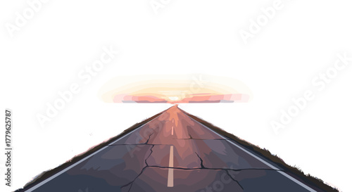Open Road Journey Towards Sunrise on White Background