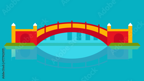 A colorful wooden bridge over the river features a silhouette of a ship in the sky, perfect for summer travel illustration