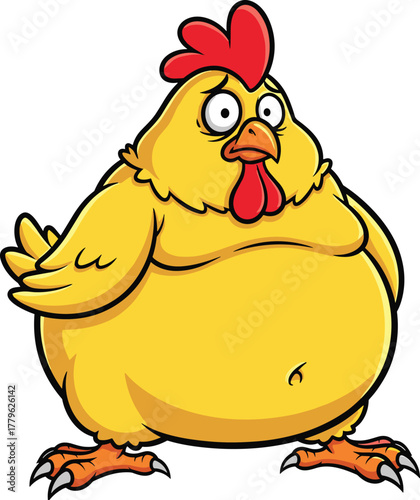 Funny cartoon plump yellow chicken with big feet, surprised expression, humorous farm animal character, mascot design, cad drawing flat vector illustration