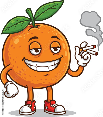 Funny orange cartoon character illustration, anthropomorphic fruit mascot art, playful citrus design, sneaker wearing orange drawing, humorous vector food artwork