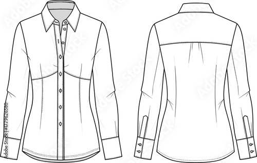 Button-down shirt technical sketch, princess seam tailored design, pointed collar blouse illustration, structured garment template, apparel construction vector, fashion flat drawing
