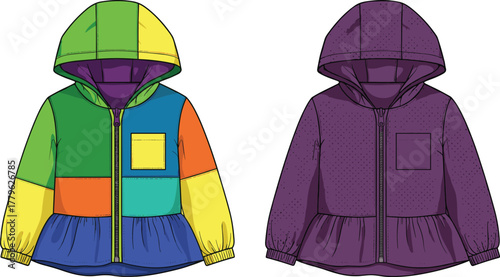 Children’s hooded jackets technical sketch, multicolor and monochrome design contrast, playful outerwear illustration, apparel construction vector, fashion flat drawing, kidswear template