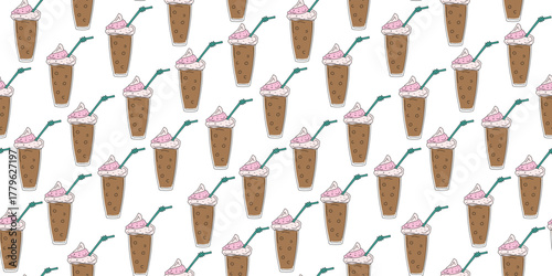 Coffee glass. Seamless pattern. Greek frappe drink. Line icon. Iced coffee dessert, doodle illustration. Coffee cup.