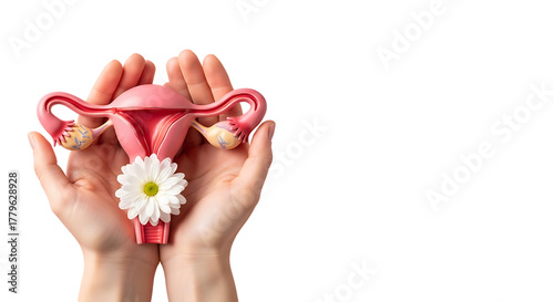 Hands holding a model of the female reproductive system with a flower isolated on transparent background