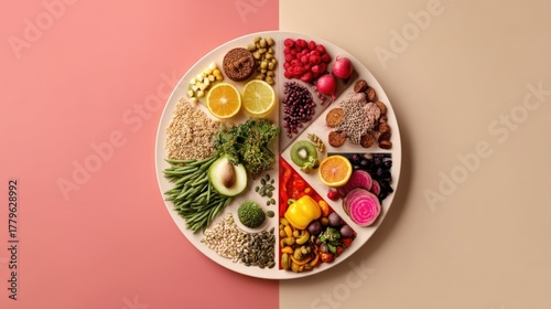 Colorful balanced diet plate with assorted fruits, vegetables, and grains on dual-toned background, Planetary health diet, ecology, sustainability