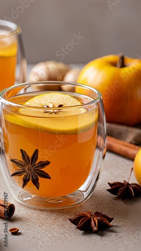 Warm apple cinnamon tea with star anise and fresh fruit: cozy autumn beverage preparation