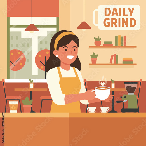 Smiling barista holding a cup of coffee in a coffee shop with daily grind sign