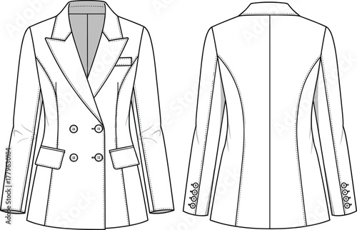 Double-breasted blazer technical sketch, tailored fashion illustration, notched lapel design, multi-pocket garment template, apparel construction vector, clothing flat drawing, structured silhouette