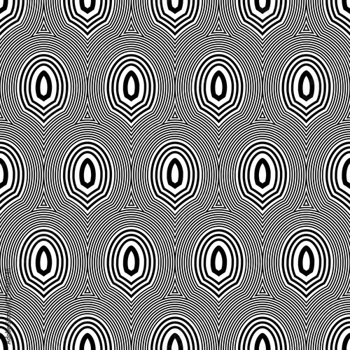 Fish scale wallpaper. Asian traditional ornament with repeated scallops. Repeated white roundish figures on black background. Seamless surface pattern design with rings. Grid motif. Digital paper.