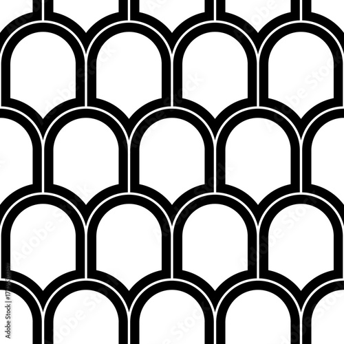 Japan traditional ethnic embroidery ornament with repeated scallops. Fish scale. Repeat scallop background. Seamless surface pattern design with scales. Ancient japanese sashiko uroko motif. Squama.