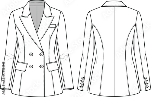 Double-breasted blazer technical sketch, tailored princess seam design, notched lapel jacket illustration, structured garment template, apparel construction vector, fashion flat drawing