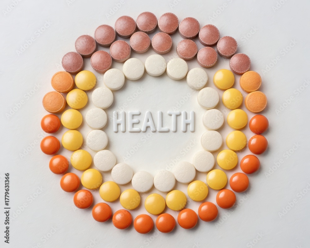 Obraz premium Colorful Pills in a Circle with Health Label
