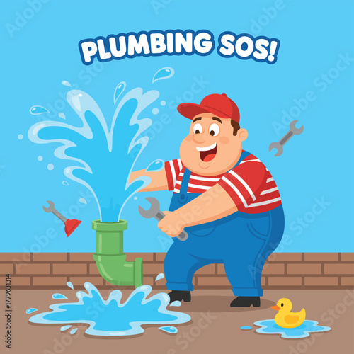 Plumber with wrench fixing water leak