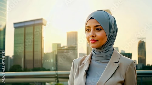 An Arabian businesswoman with hijab in a formal suit against the backdrop of skyscrapers. Arabian woman in suit and hijab stands tall before a modern skyline of skyscrapers.