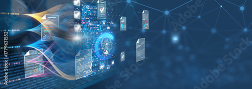 Ai Futuristic Document management concept, check electronic documents on digital documents on virtual screen Document Management System and process automation to efficiently document paperless operate