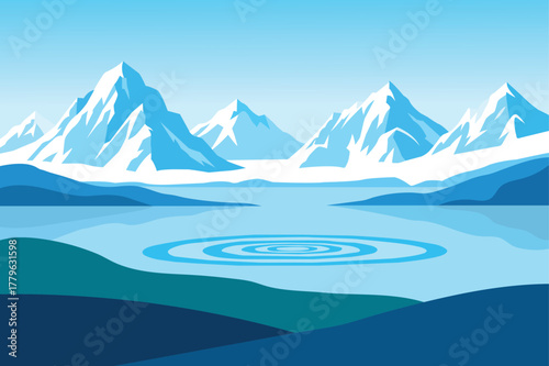 Serene arctic landscape with snow-capped mountains reflecting in a calm, icy lake