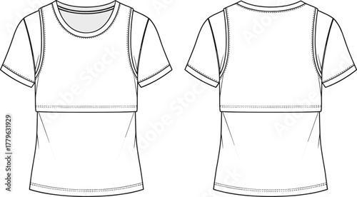 Layered T-shirt technical sketch, cropped tank overlay design, short-sleeve fashion illustration, casual garment template, apparel construction vector, clothing flat drawing