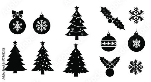 Black silhouettes of christmas trees ornaments and holly decorations