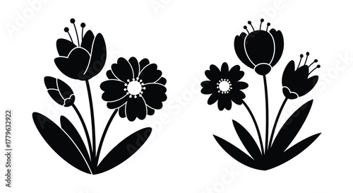 Simple black and white illustration featuring various blooming spring flowers