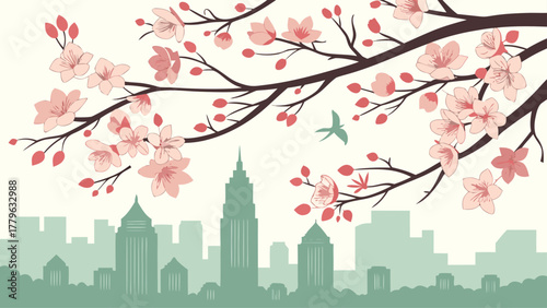 “Atlanta skyline with peach blossoms, soft southern palette”
