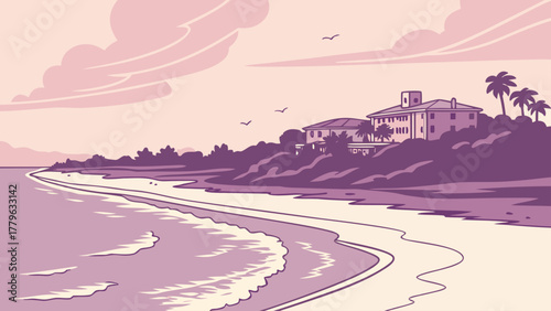 Flat design of Naples Florida coastline with pink sky gradient, minimalist elegant vector perfect for beach travel prints and modern wall art
