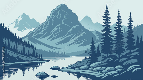 “Rocky Mountains alpine lake reflection, cool tones, modern vector”
