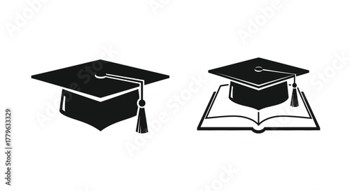 Graduation caps with and without an open book black and white icon