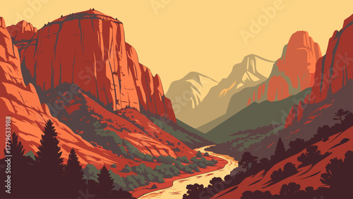 “Zion cliffs in sunrise gradient, bold geometric vector”
