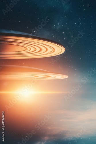 Ringed planet glowing with warm light in starry space, cosmic beauty, celestial body, galaxy vista, interstellar.