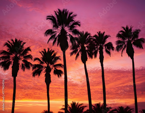 palm tree silhouette at sunset. Silhouette of palm trees at tropical sunrise or sunset