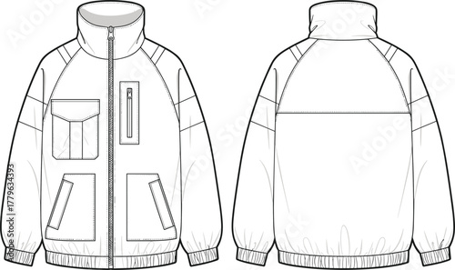 Technical sketch of zip-up jacket, multi-pocket fashion design, high collar outerwear template, apparel construction vector, clothing flat drawing, sporty garment blueprint
