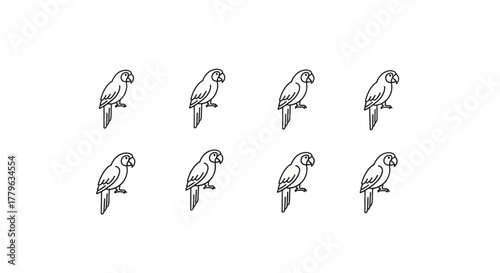 A flock of eight identical parrots perched on branches, creating a repetitive pattern.