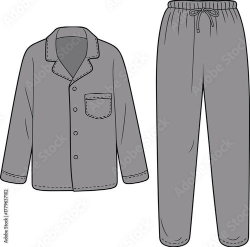 "Gray pajama set, long sleeve shirt with collar, drawstring pants, comfortable sleepwear, fashion flat sketch, CAD drawing vector illustration"