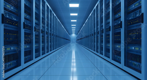 Data Center Perspective: a striking image capturing the essence of the digital age, a server room filled with rows of advanced technology. The symmetry of the server racks, bathed in cool blue light.