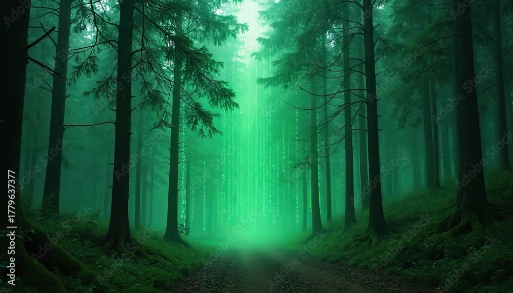 Fototapeta premium Dark forest trees stand along misty path. Bright green digital code glows, streams through fog. Image combines nature with modern tech, showing data flow within green ecosystem. Suggests future eco
