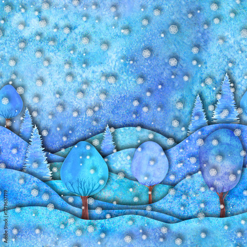 Watercolor Happy new year and Merry christmas seamless pattern with hills, trees, snowflakes