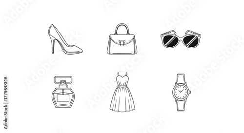 Chic collection of fashion accessories and clothing icons, perfect for style and elegance.