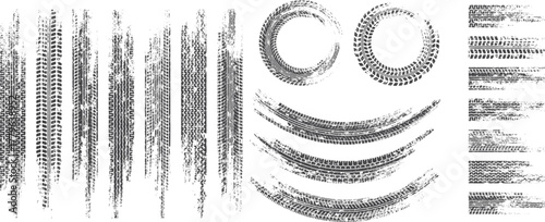 Tyre Trace Vector Grunge Set, Dirty Tires Marks and Circular Treads Collection